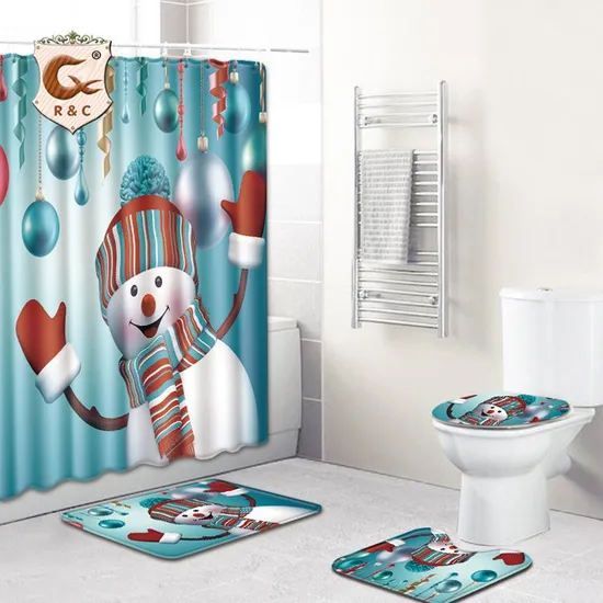 4 Piece Set Christmas Shower Curtain with Rug and Toilet Cover 